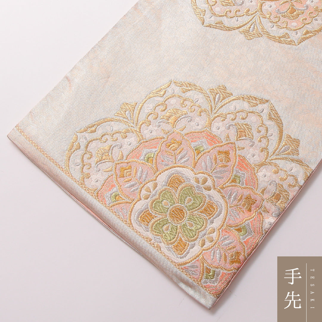 袋帯 帯丈432cm 正絹 六通 フォーマル 宝相華 金系 ピンク系 1243-01791