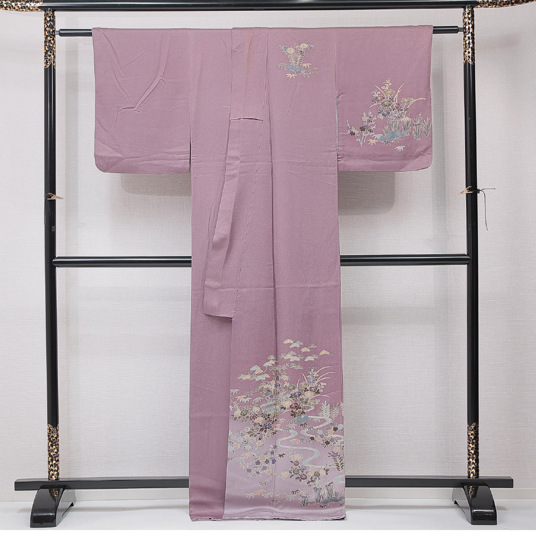 訪問着 袷 身丈172cm 裄丈63cm 正絹 Cランク セミフォーマル バチ衿 2XLサイズ 菊 笠松 紫系 HP 1217-15195