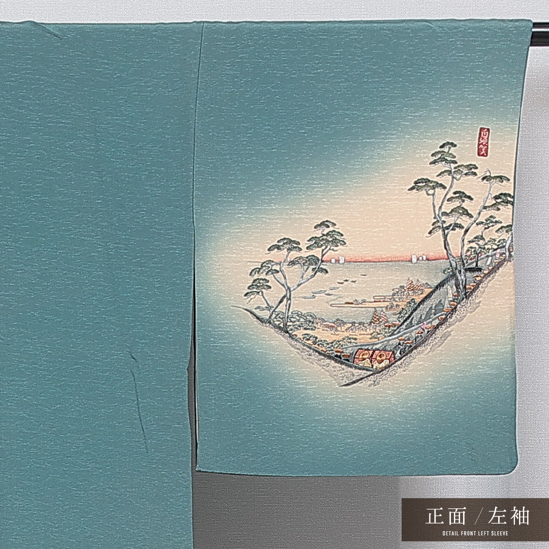 付下げ 袷 身丈169cm 裄丈68cm 正絹 Sランク インフォーマル 広衿 XLサイズ ぼかし染 刺繍 作家物 落款 東海道五十三次 緑系 M4 1218-15924