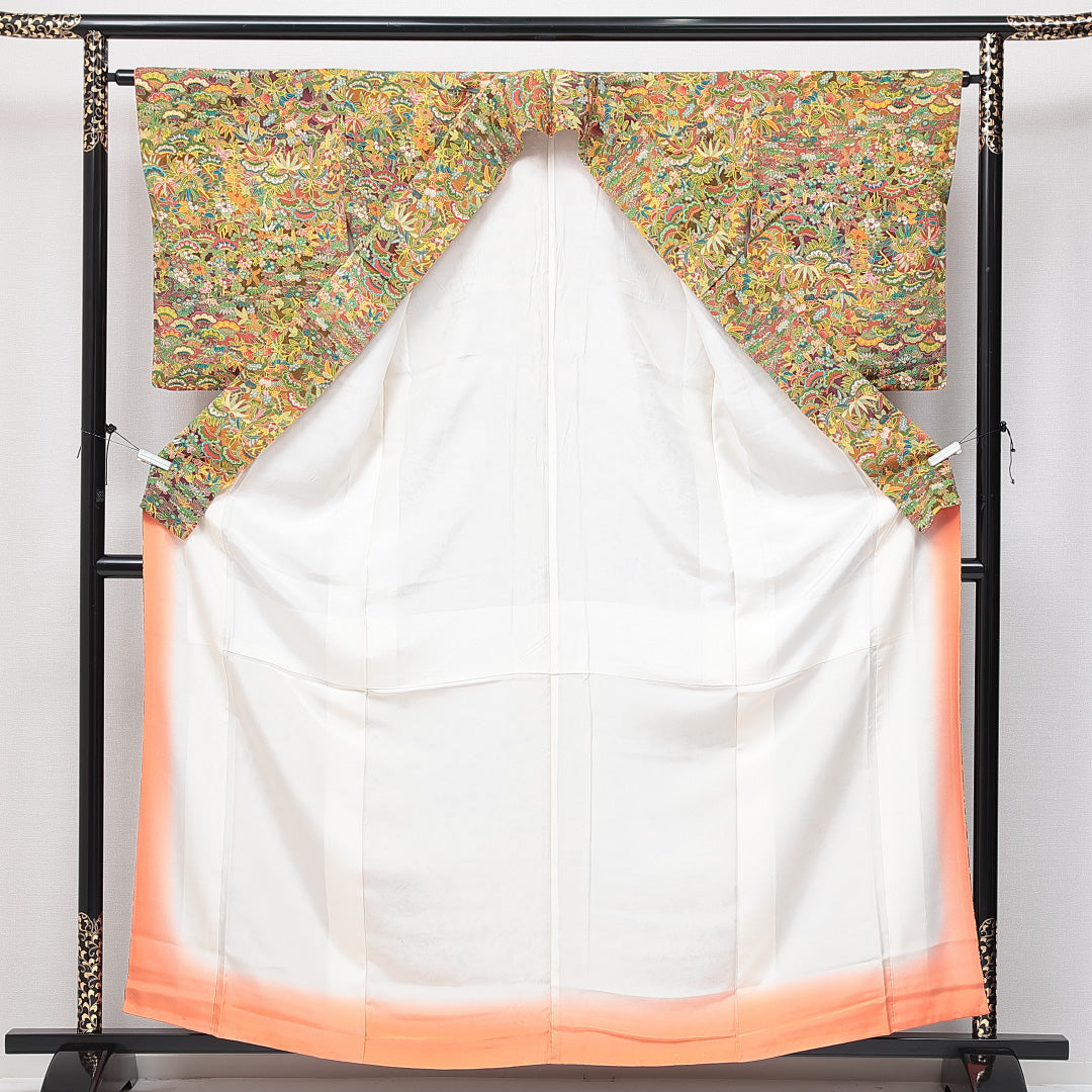 小紋 袷 身丈161cm 裄丈62cm 正絹 Sランク インフォーマル 広衿 Lサイズ 橘 笹 多色系 RP 1221-15016
