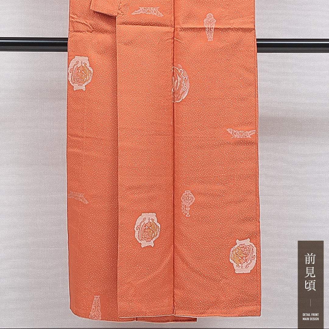 アンティーク お召 袷 身丈146cm 裄丈62cm 正絹 Aランク XSサイズ バチ衿 創作柄 朱系 1265-15974