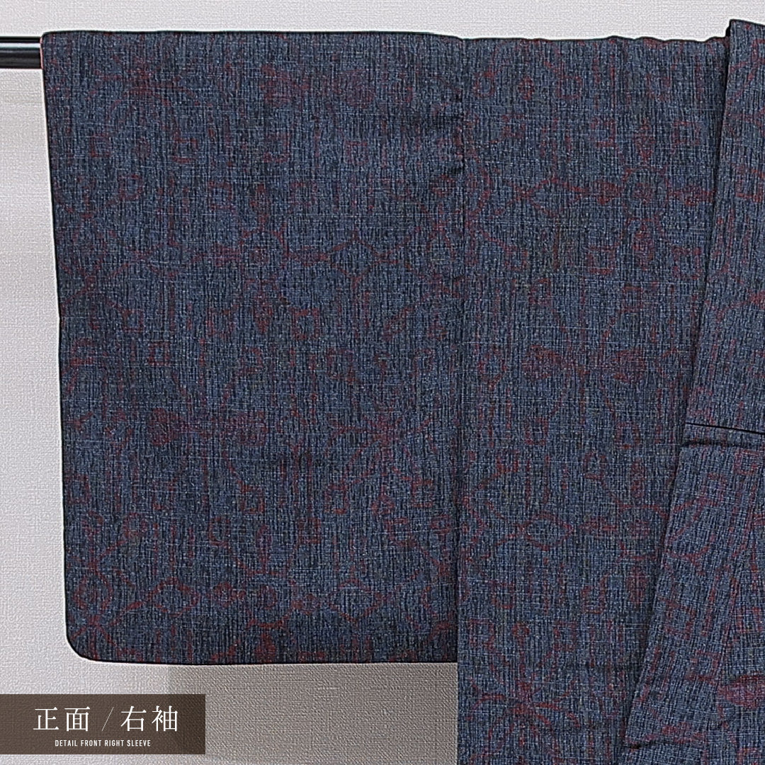 紬 袷 身丈147cm 裄丈62cm 正絹 Sランク カジュアル バチ衿 XSサイズ 花柄 紺系 RP 1223-15434