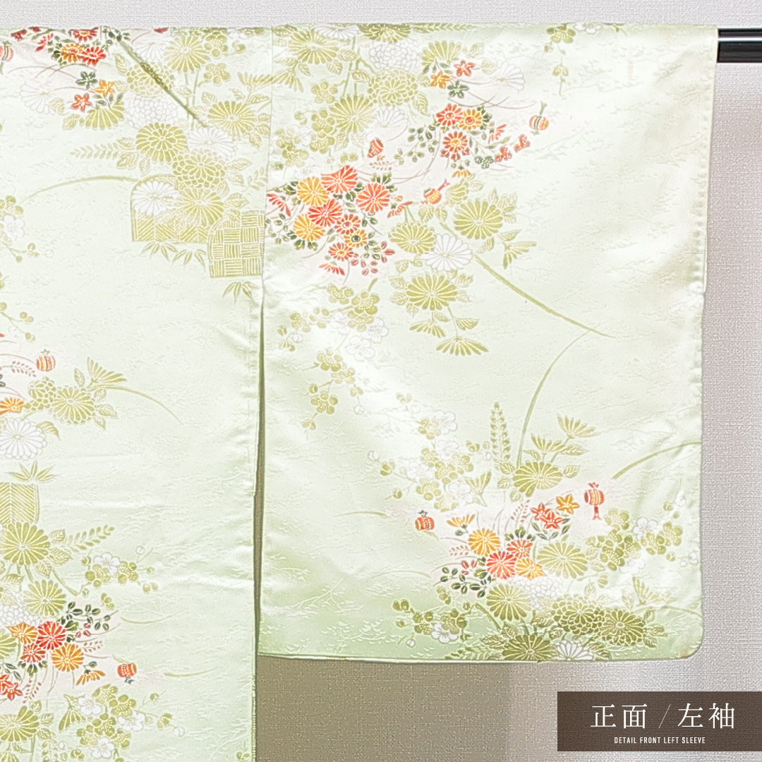 小紋 洗える着物 袷 身丈157cm 裄丈66cm ポリエステル Cランク Mサイズ 広衿 インフォーマル 光悦垣 菊 緑系 1215-16385