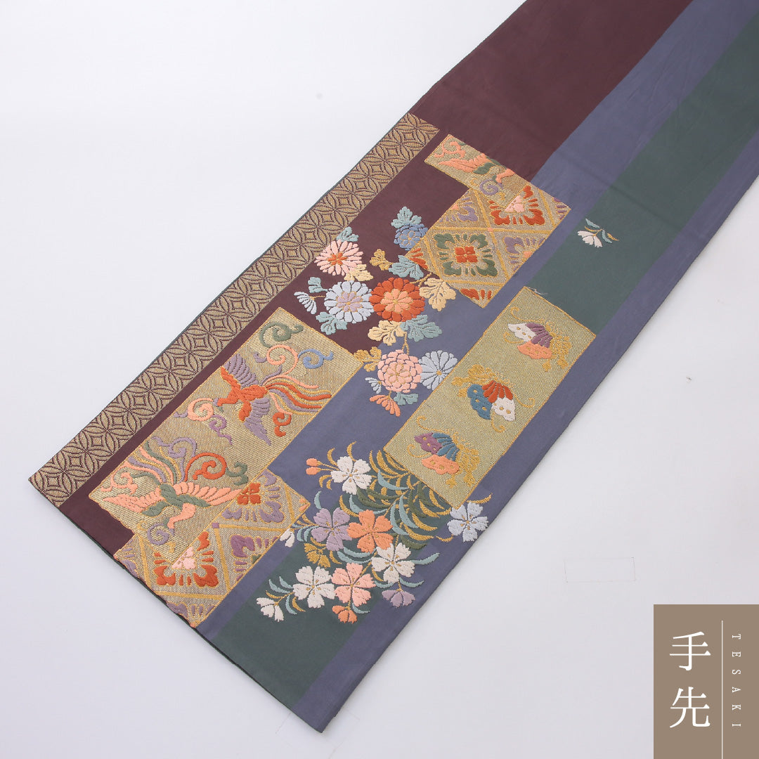 袋帯 帯丈432cm 正絹 六通 帯芯なし フォーマル 裂取り 鳳凰 吉祥文様 グレー系 1243-02202