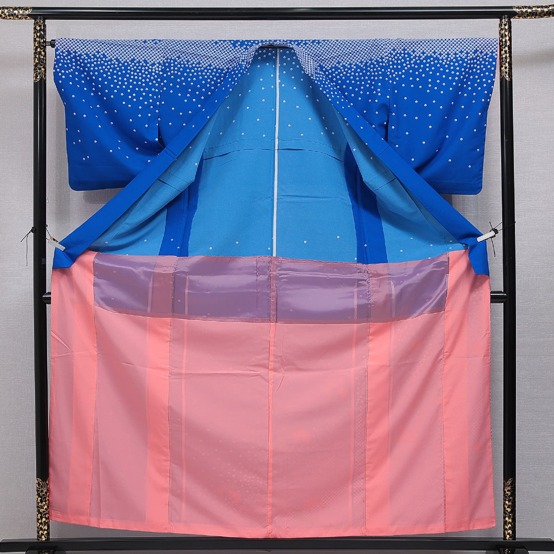 付下げ 洗える着物 胴抜き 身丈160cm 裄丈66cm ポリエステル Aランク Lサイズ バチ衿 インフォーマル 鹿の子 創作柄 青系 1261-16356