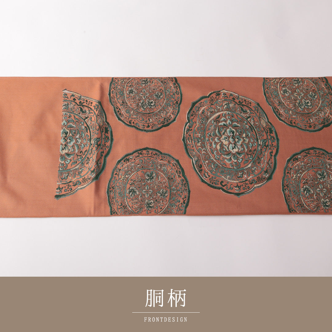 袋帯 帯丈400cm 正絹 六通 帯芯なし セミフォーマル 鏡裏文 朱系 1243-01824