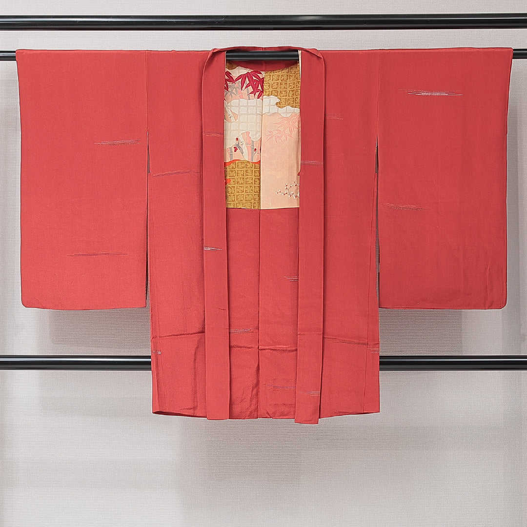 アンティーク 羽織(お召) 袷 身丈89cm 裄丈61cm 正絹 Aランク Sサイズ 一つ紋(五三桐) 道長取り 朱系 1217-15263