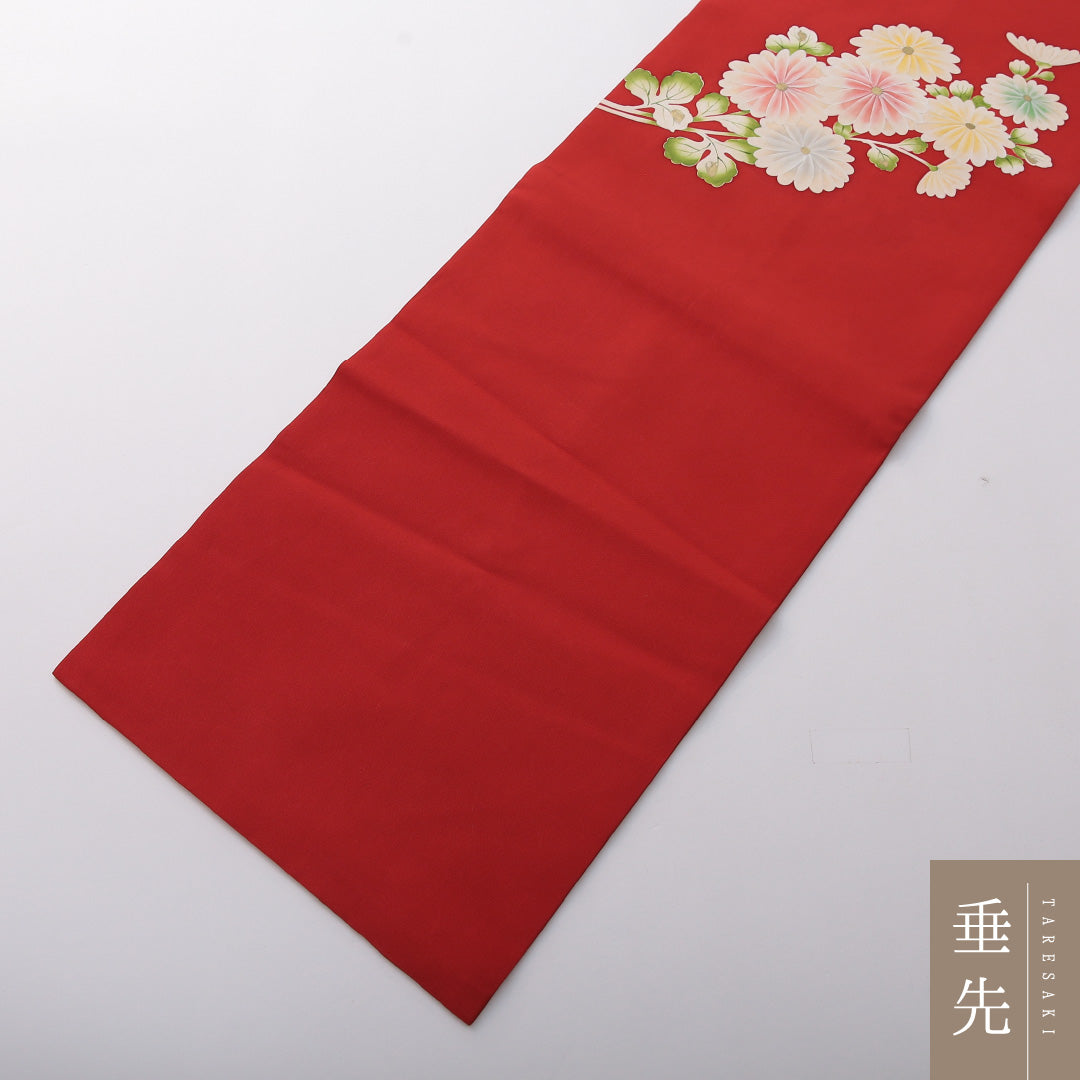 九寸名古屋帯 帯丈358cm セミフォーマル 名古屋仕立て ポイント柄 Aランク 正絹 染め帯 塩瀬 菊 赤系 1224-03514