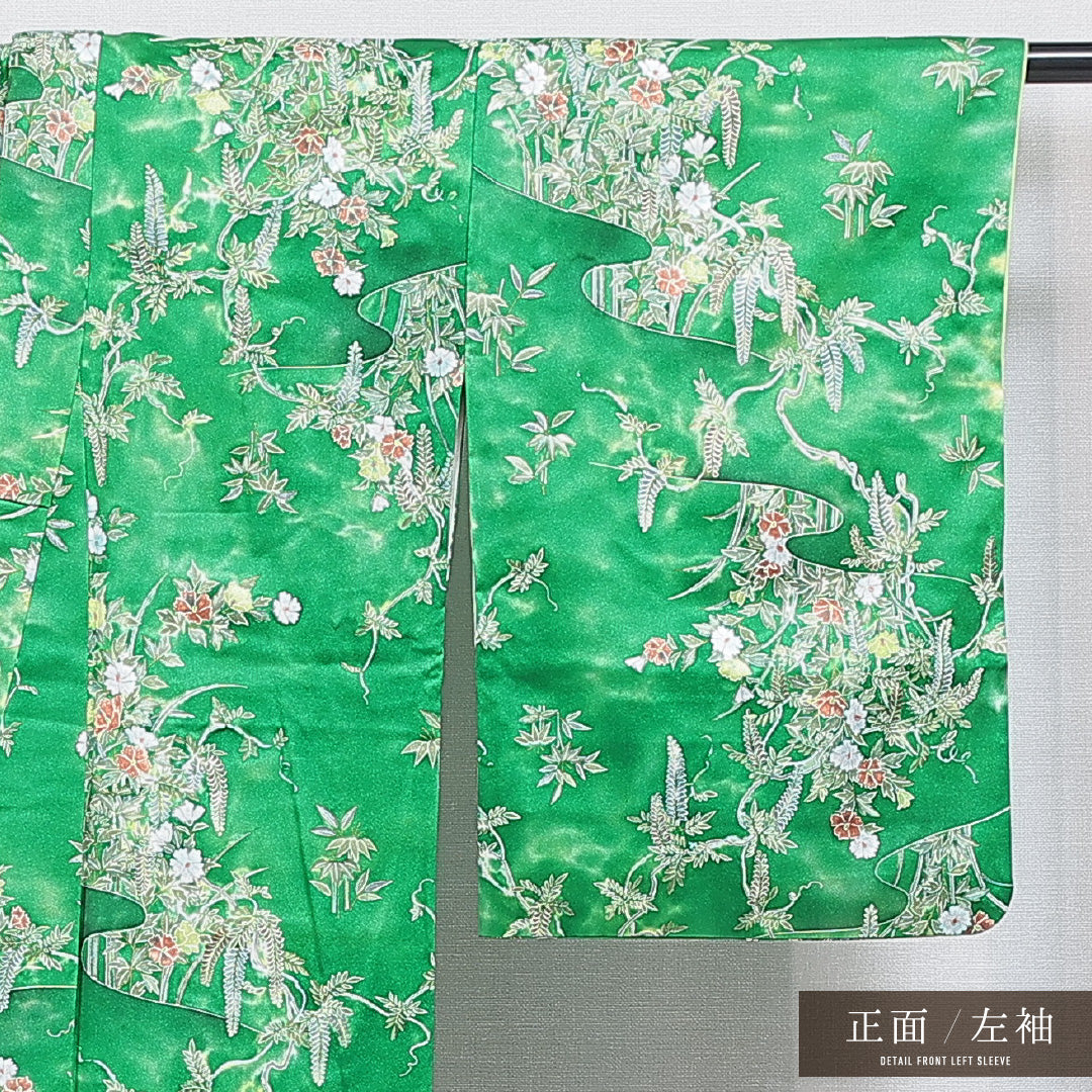洗える着物 小紋 袷 身丈160cm 裄丈65cm ポリエステル Cランク インフォーマル 広衿 Lサイズ 流水 花柄 緑系 LP 1221-16265