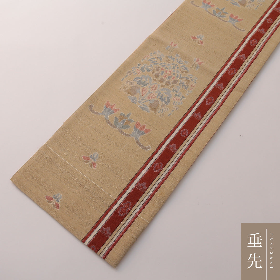 袋帯 帯丈428cm 正絹 全通 インフォーマル 双鳥唐花文 ベージュ系 1243-01919