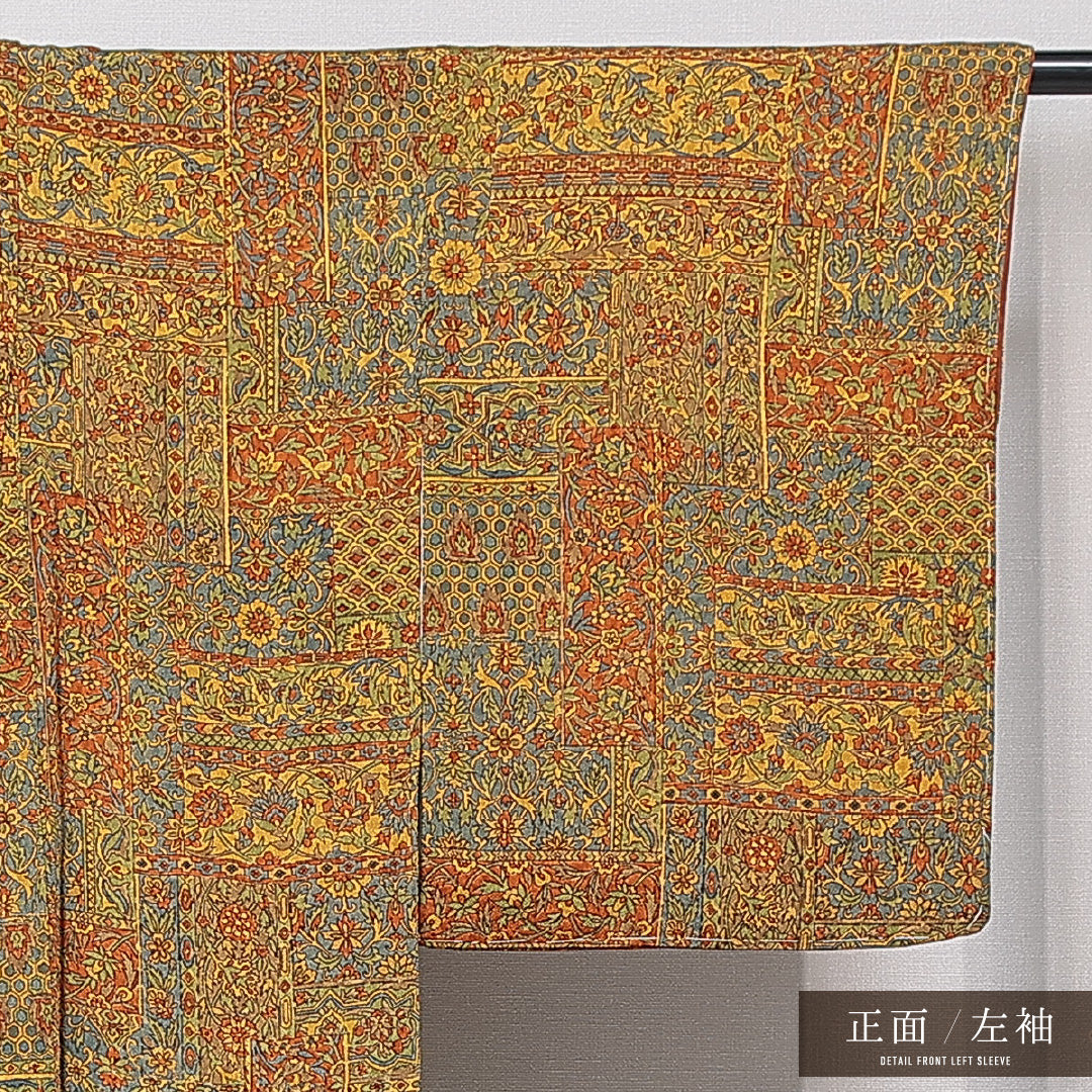 小紋 袷 身丈168cm 裄丈66cm 正絹 Sランク XLサイズ 広衿 インフォーマル 植物柄 多色系 黄系 1215-15657