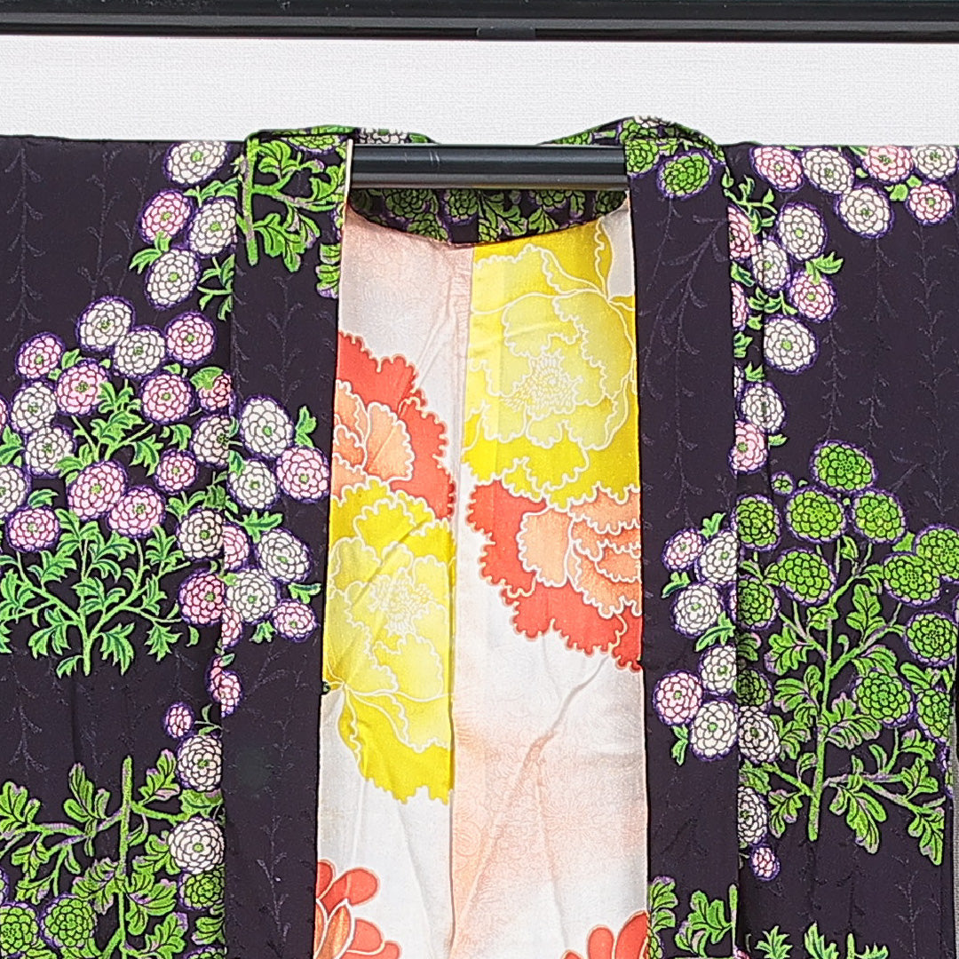 アンティーク 羽織 袷 身丈97cm 裄丈63cm 正絹 Bランク Sサイズ ちりめん 菊 紫系 1217-16821