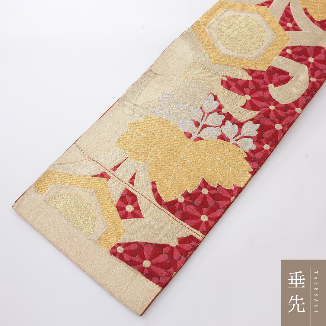袋帯 帯丈418cm 正絹 六通 フォーマル 熨斗 菊亀甲 桐 金系 赤系 1243-02181
