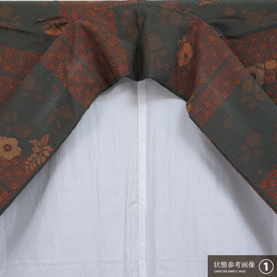 洗える着物 小紋 袷 身丈155cm 裄丈63cm ポリエステル Sランク インフォーマル 広衿 Mサイズ 椿 緑系 RP 1221-16335