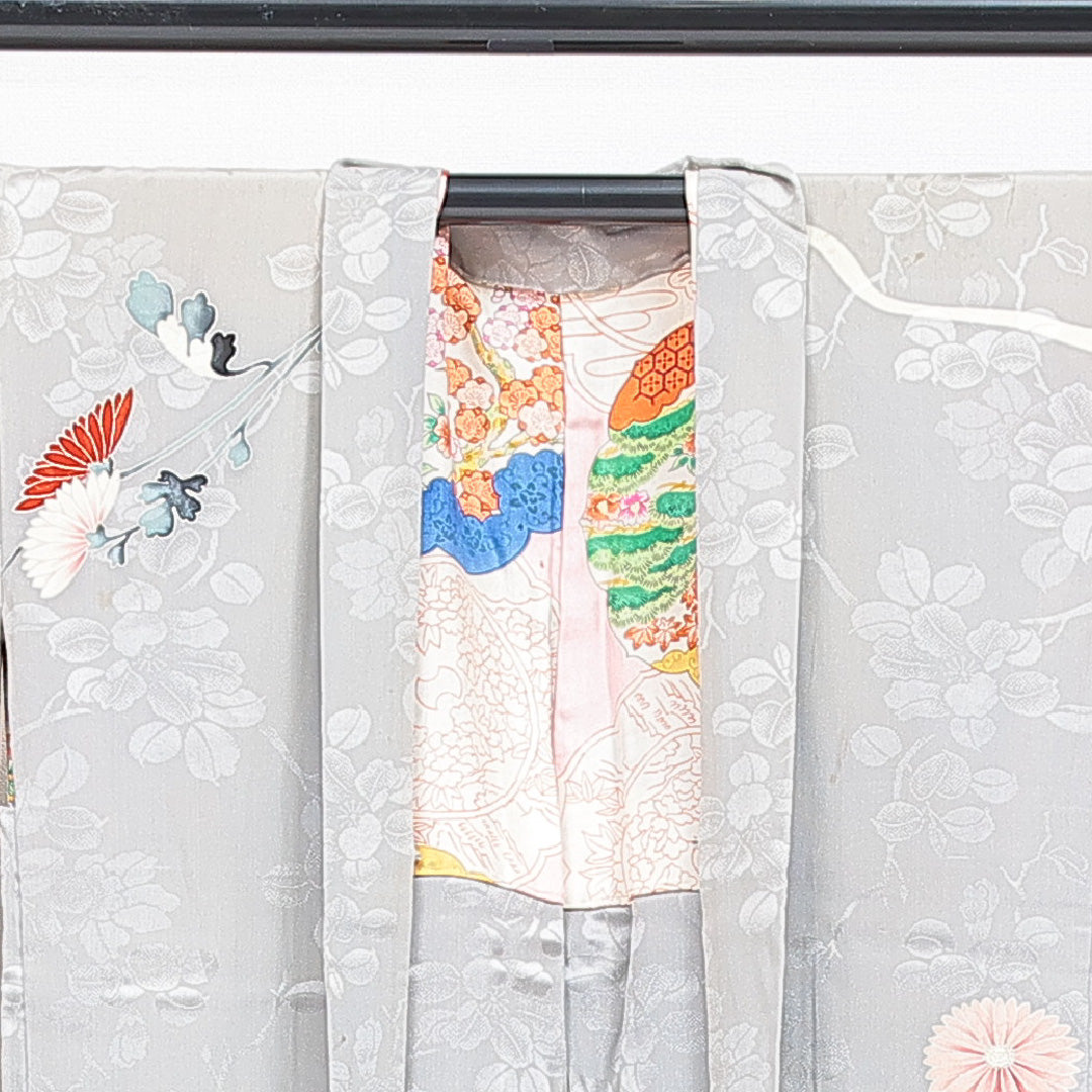 アンティーク 羽織 袷 身丈84cm 裄丈65cm 正絹 Cランク Mサイズ 菊 グレー系 1217-16806