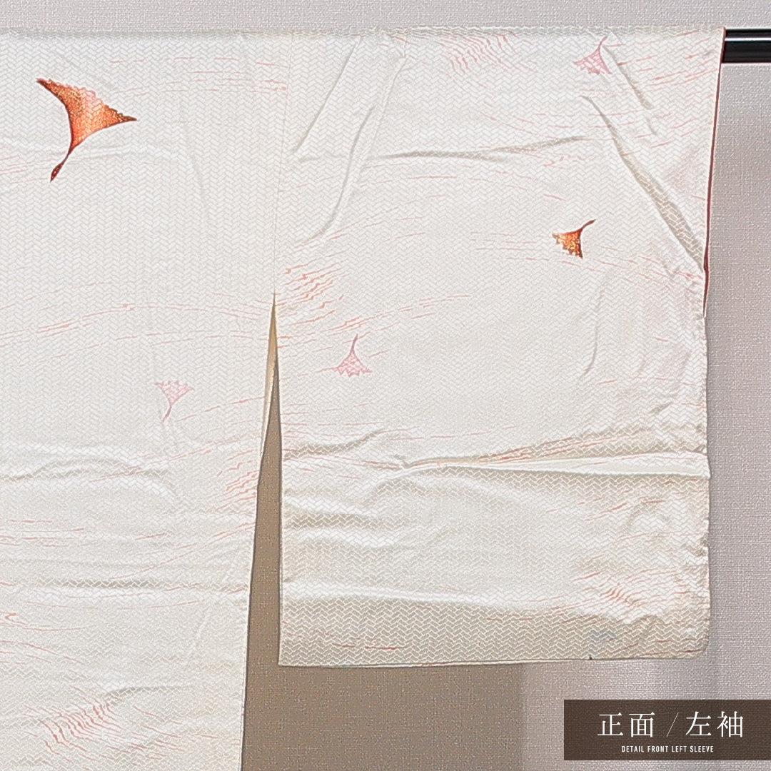 小紋 袷 身丈158cm 裄丈64cm 正絹 Cランク 紋意匠 (網代文様) インフォーマル 広衿 Mサイズ 金彩 銀杏 クリーム系 HP 1221-15751