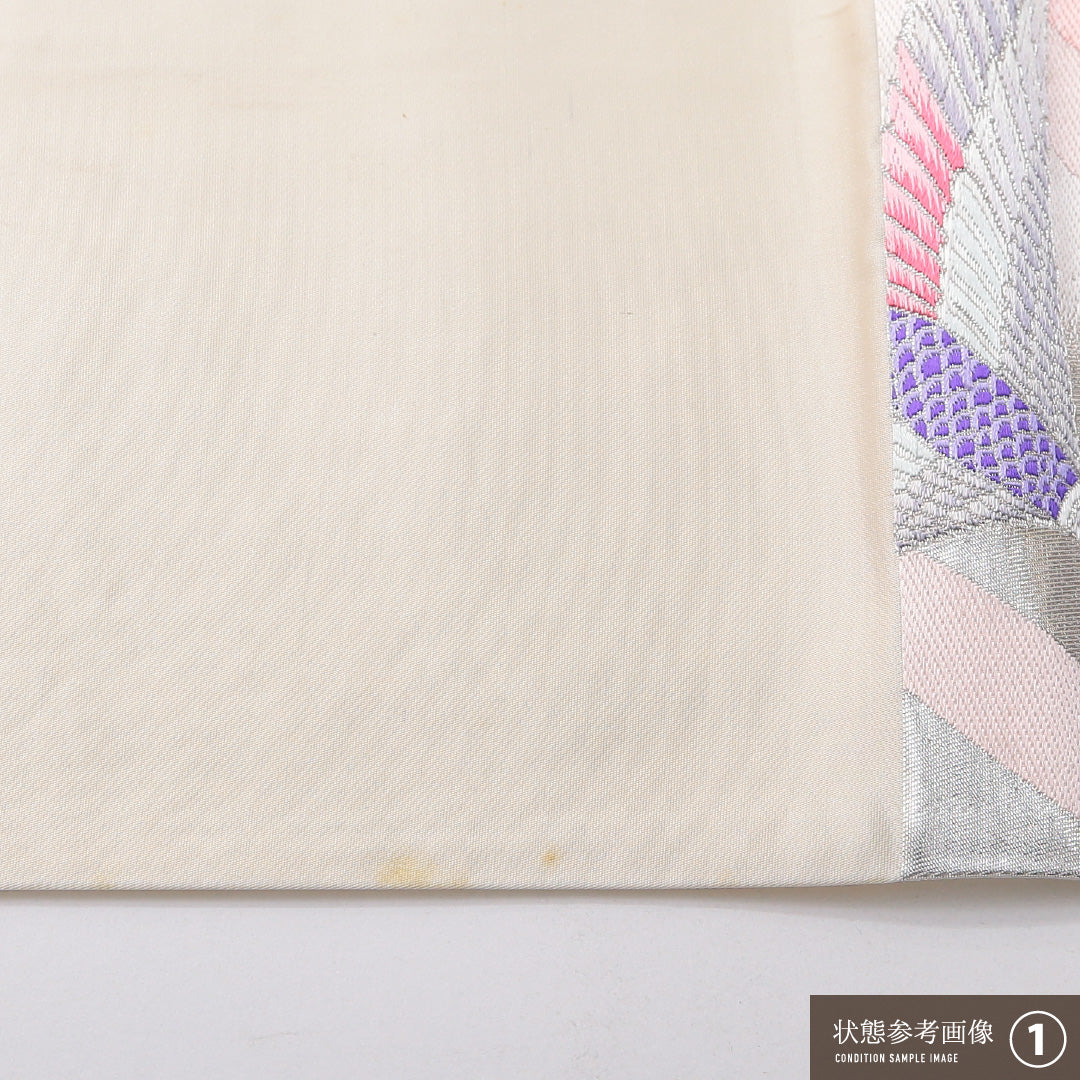 振袖用 袋帯 帯丈436cm 六通 Aランク 正絹 千鳥 クリーム系 銀系 1223-02077