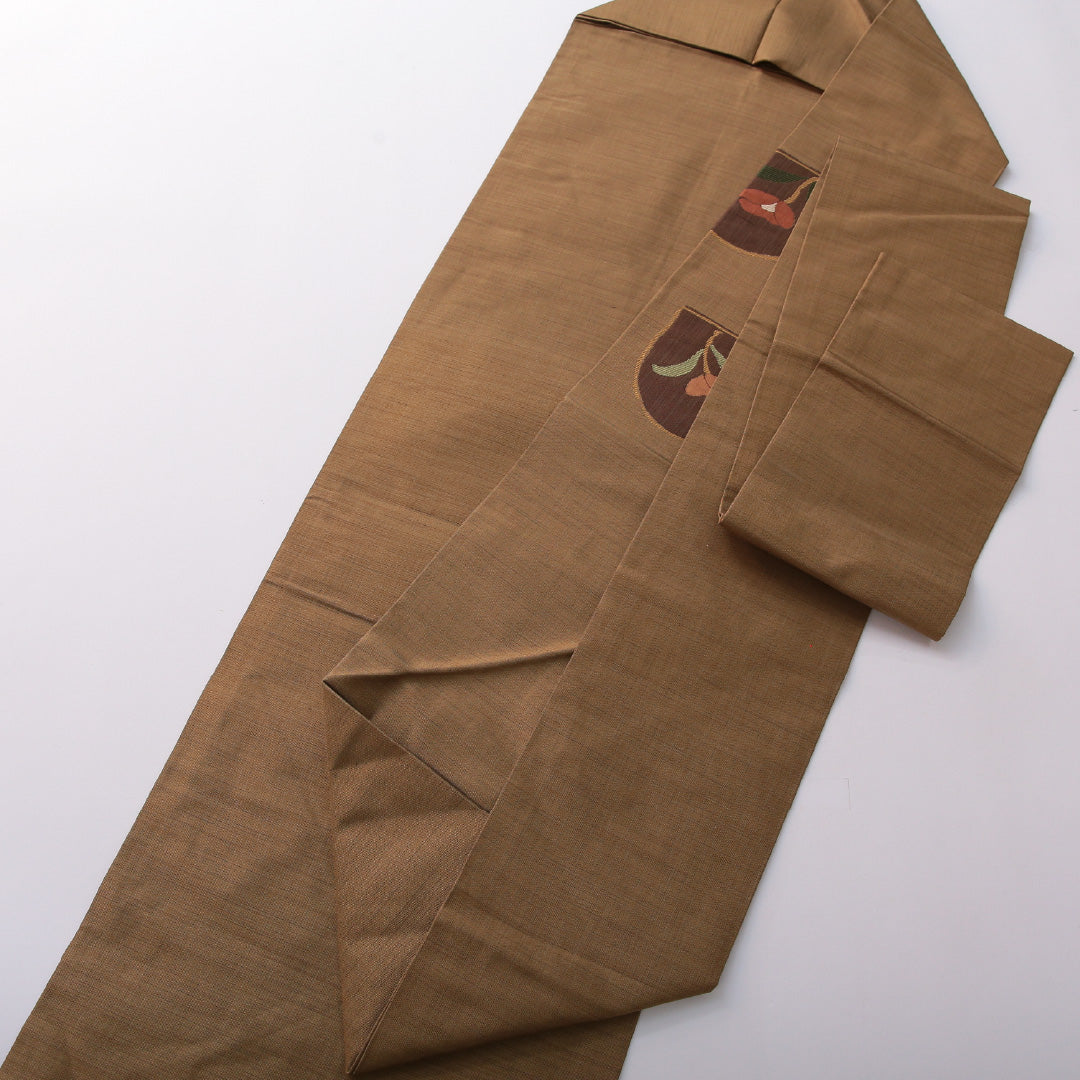 九寸名古屋帯 帯丈353cm カジュアル 名古屋仕立て ポイント柄 Aランク 正絹 チューリップ ベージュ系 1224-03623