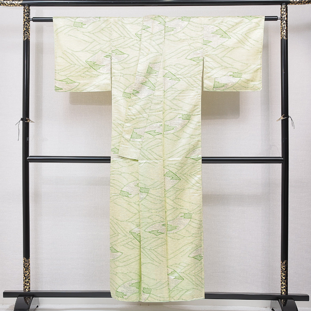 小紋 洗える着物 袷 身丈153cm 裄丈61cm ポリエステル Bランク Sサイズ 広衿 インフォーマル 古典柄 緑系 1215-15805