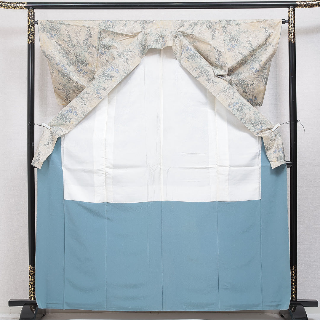 紬 袷 身丈166cm 裄丈62cm 正絹 Sランク カジュアル 広衿 XLサイズ 花柄 クリーム系 M4 1223-16074
