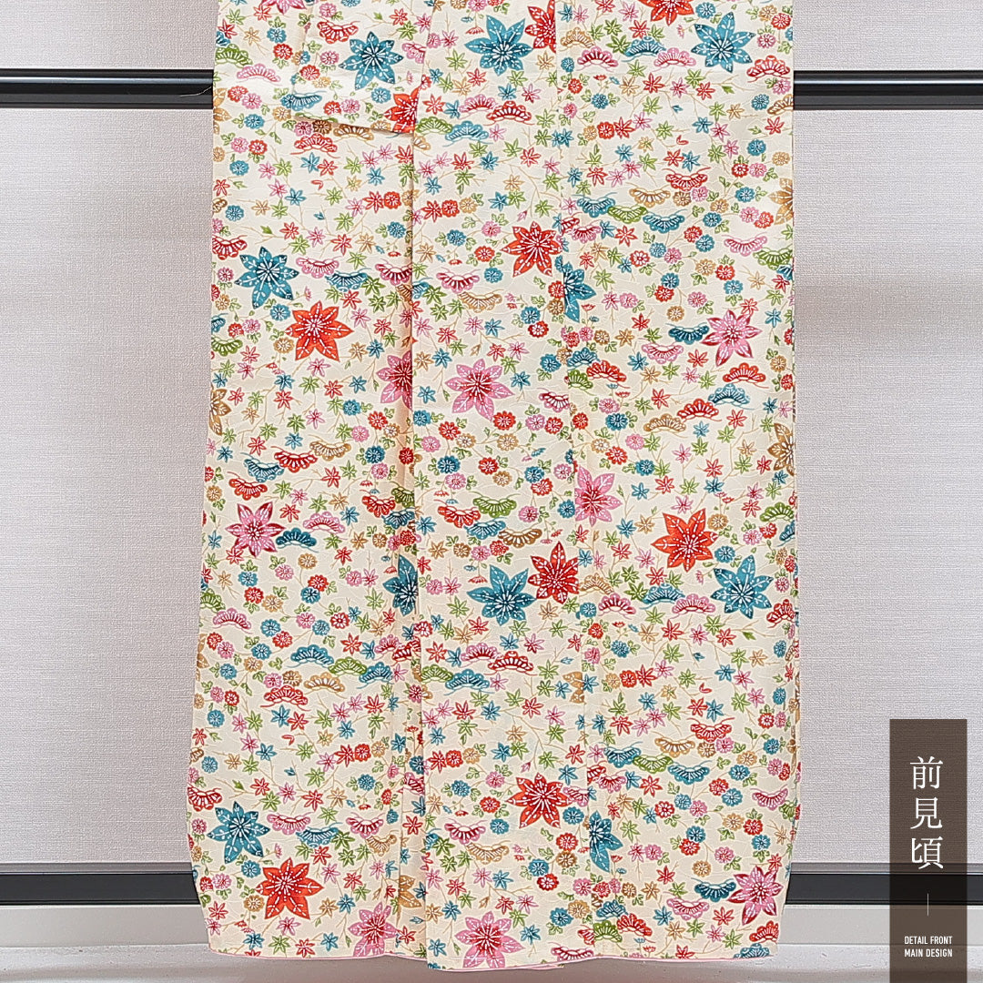 洗える着物 小紋 袷 身丈157cm 裄丈62cm ポリエステル Cランク インフォーマル 広衿 Mサイズ 笠松 紅葉 クリーム系 LP 1221-16270