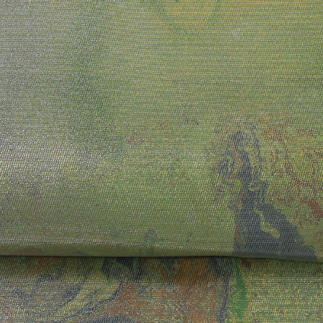 袋帯 帯丈448cm セミフォーマル 六通 帯芯なし Sランク 正絹 引箔 墨流し 緑系 金系 1223-02332