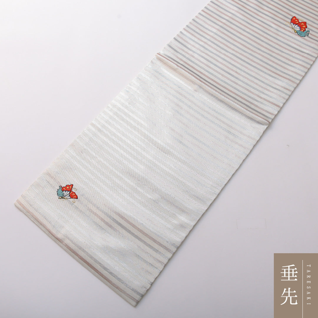 九寸名古屋帯 帯丈370cm カジュアル 名古屋仕立て ポイント柄 Sランク 正絹 蝶 銀系 1224-03487