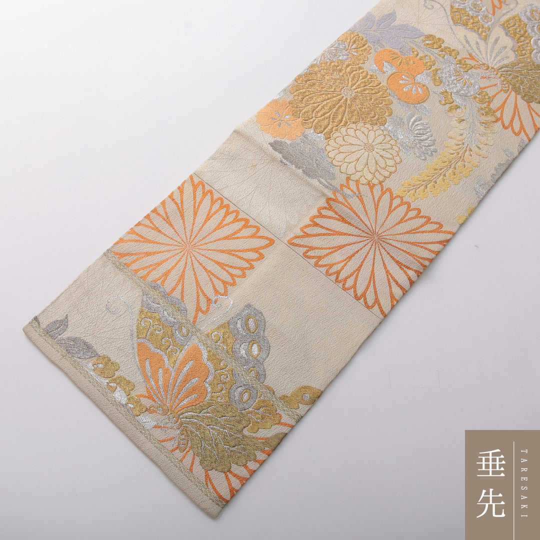 アンティーク 九寸名古屋帯 帯丈338cm 名古屋仕立て 六通 Cランク 正絹 蝶 菊 クリーム系 1224-03462