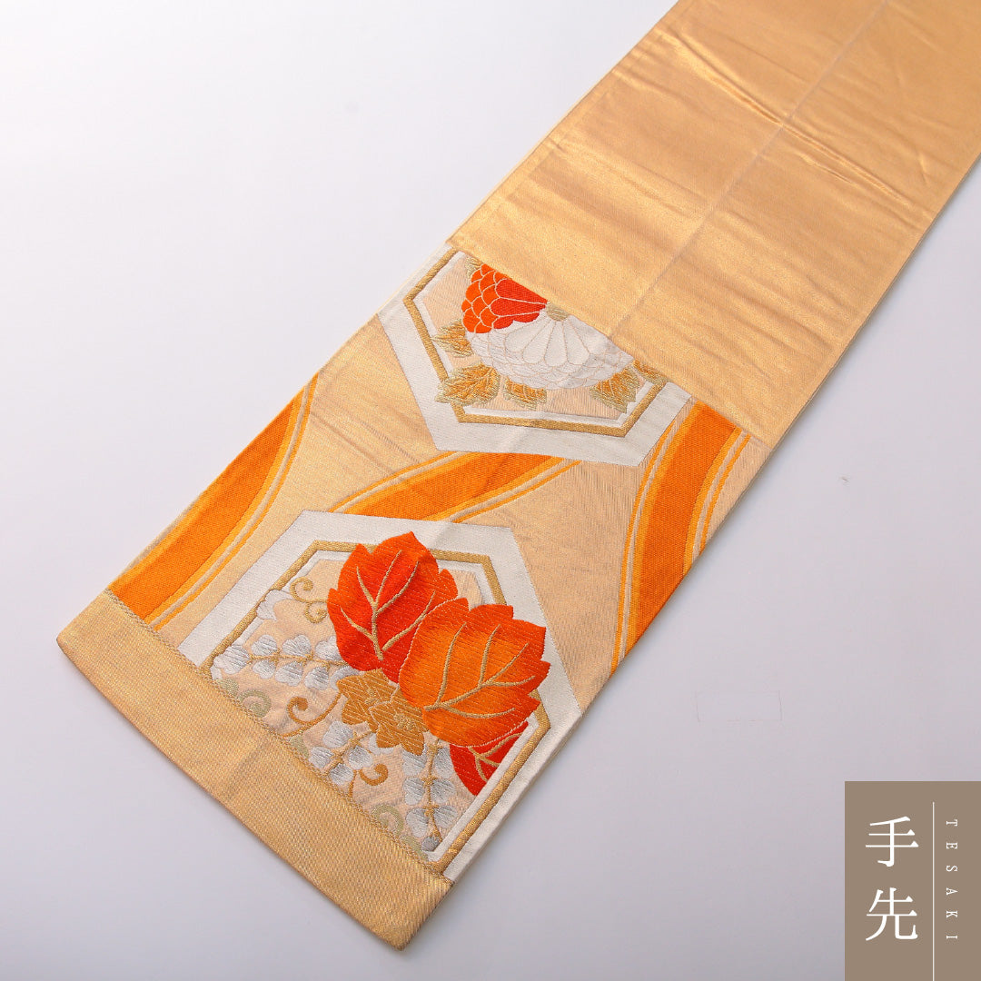 アンティーク 袋帯 帯丈420cm 六通 未仕立て 帯芯なし Aランク 正絹 亀甲 菊 金系 1223-01990