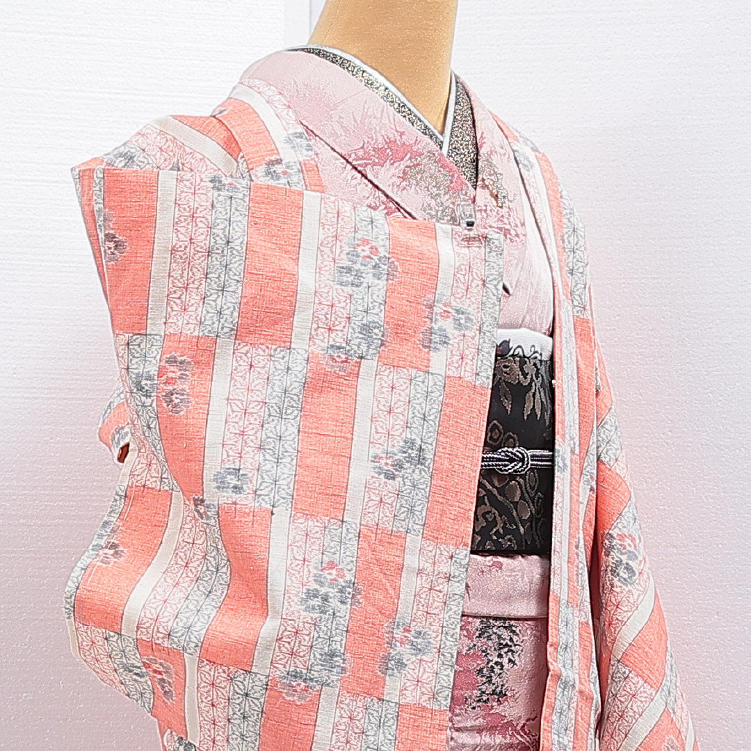 羽織 袷 身丈86cm 裄丈65cm 正絹 Sランク カジュアル Mサイズ 牡丹 朱系 RP 1232-16179
