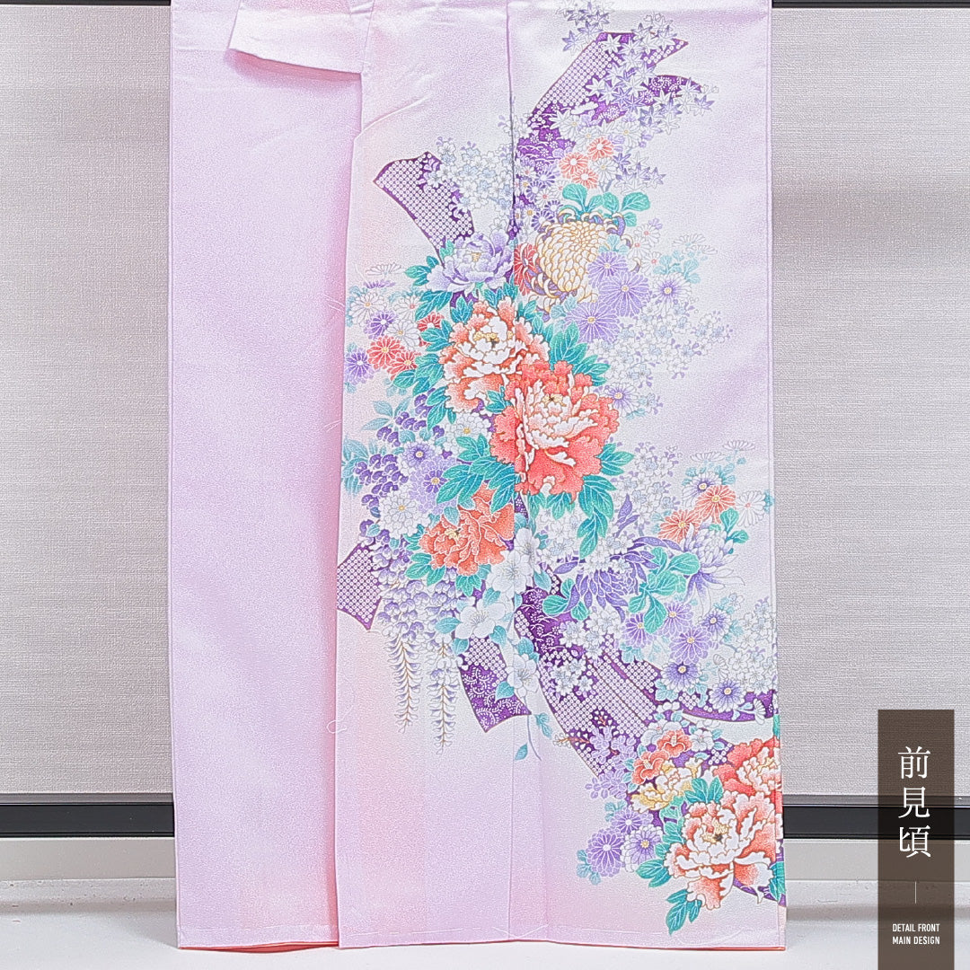 訪問着 洗える着物 袷 身丈164cm 裄丈64cm ポリエステル Aランク Lサイズ 広衿 セミフォーマル 熨斗 牡丹 紫系 1212-16213