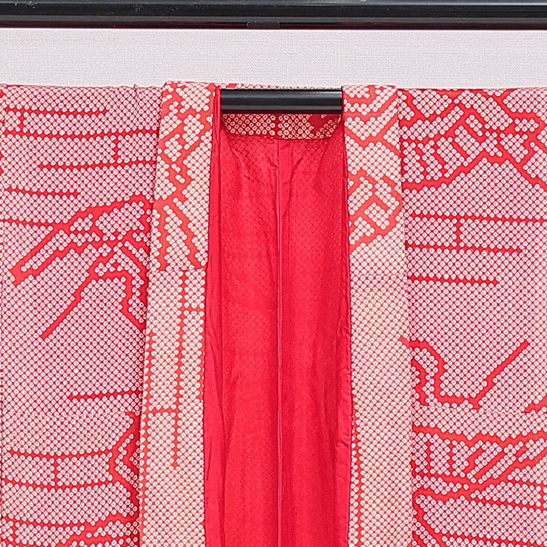 アンティーク 羽織 袷 身丈124cm 裄丈61cm 正絹 Aランク Sサイズ 鹿の子 鶴 赤系 1217-16186