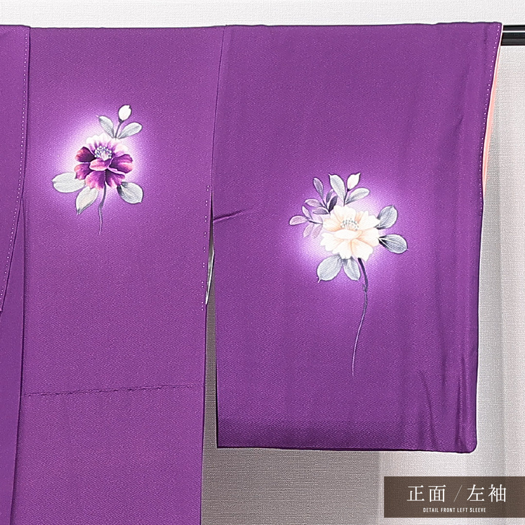 訪問着 袷 身丈157cm 裄丈65cm 正絹 Cランク セミフォーマル 広衿 Mサイズ ぼかし 椿 可憐 鮮やか 紫系 HP 1217-15075