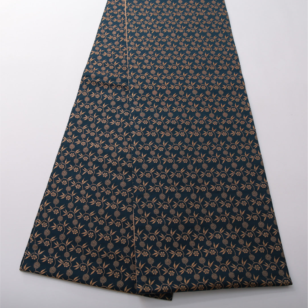 九寸名古屋帯 帯丈432cm カジュアル 開き仕立て 六通 Aランク 正絹 植物柄 紺系 1224-03516