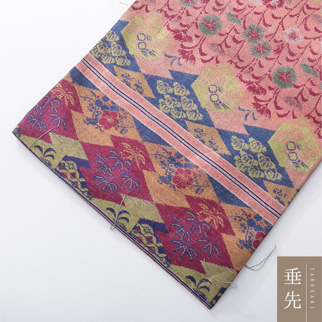 アンティーク 九寸名古屋帯 帯丈376cm 開き仕立て 全通 Dランク 正絹 蒲公英 吉祥文様 多色系 1224-03884