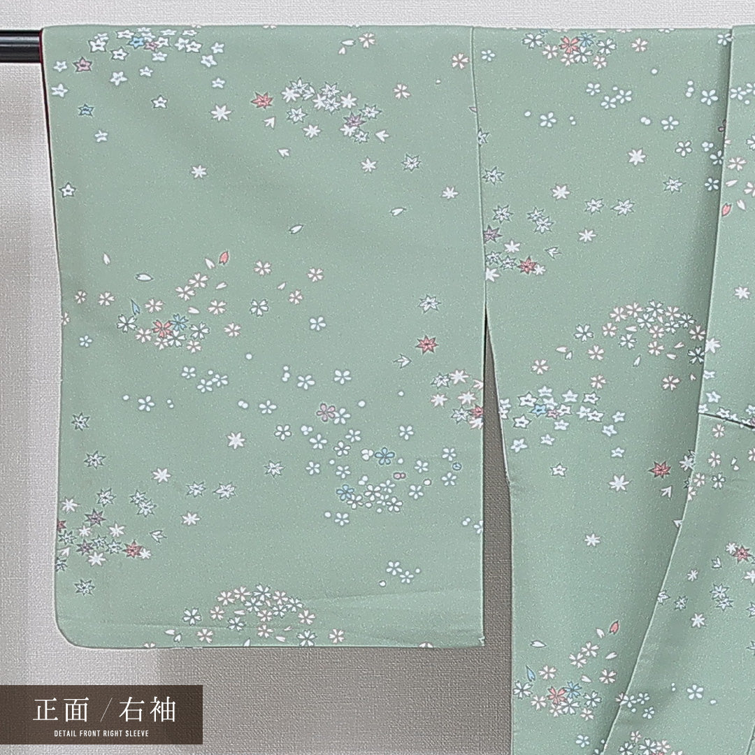 洗える着物 小紋 袷 身丈165cm 裄丈66cm ポリエステル Bランク インフォーマル 広衿 XLサイズ 桜 緑系 RP 1221-16106
