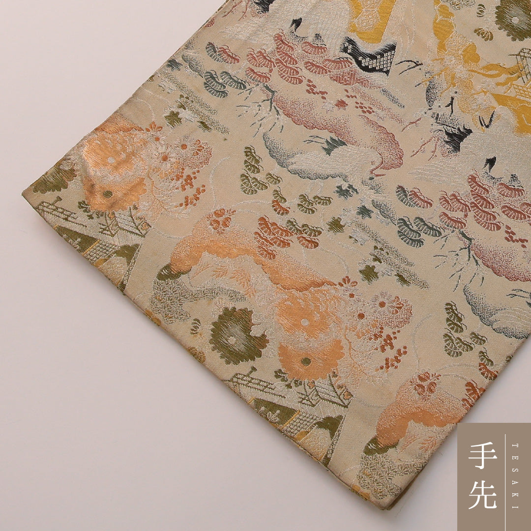 アンティーク 袋帯 帯丈400cm 全通 Cランク 正絹 御所解 松 クリーム系 金系 1223-01911