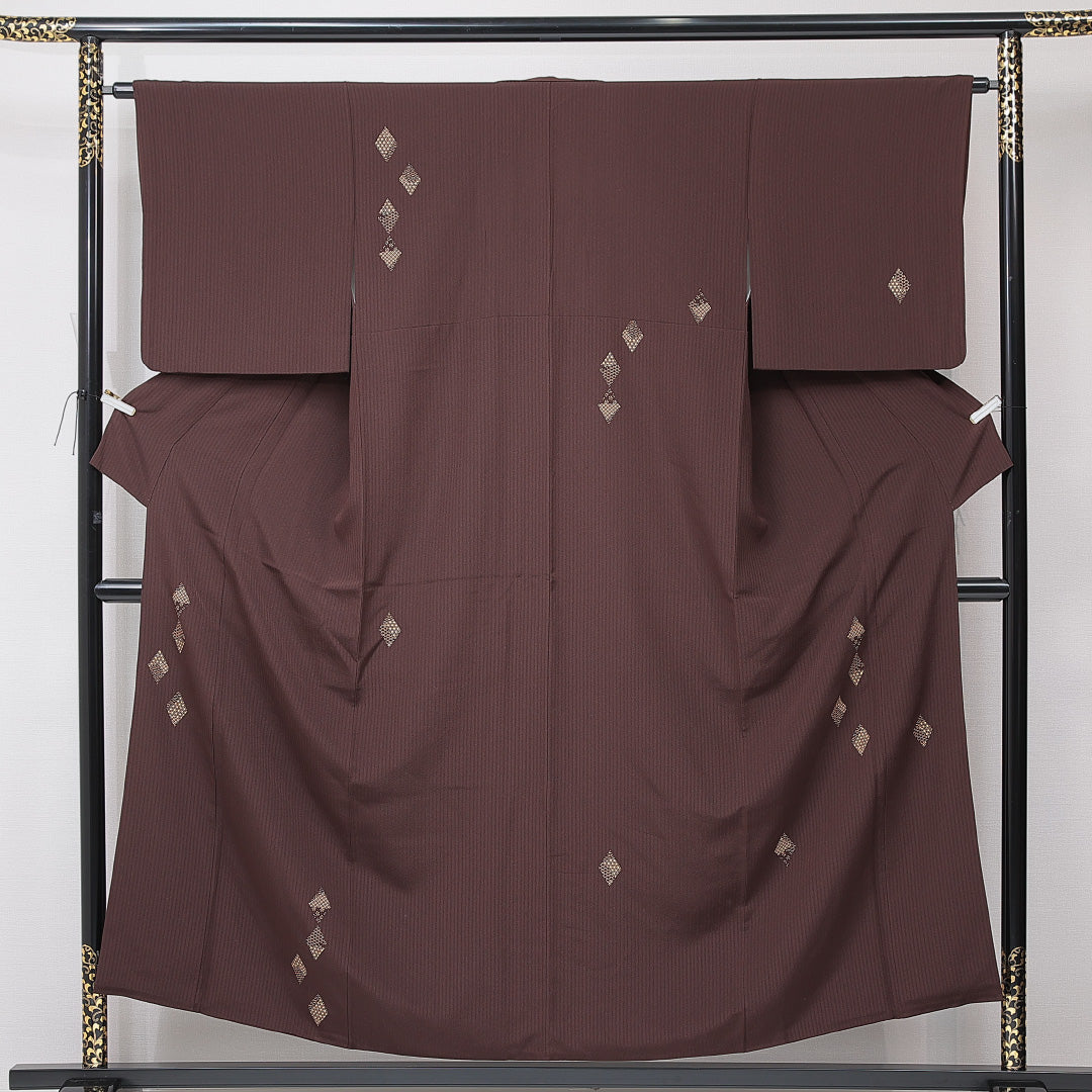 小紋 袷 身丈152cm 裄丈62cm 正絹 Sランク インフォーマル バチ衿 Sサイズ 菱 茶系 RP 1221-15154