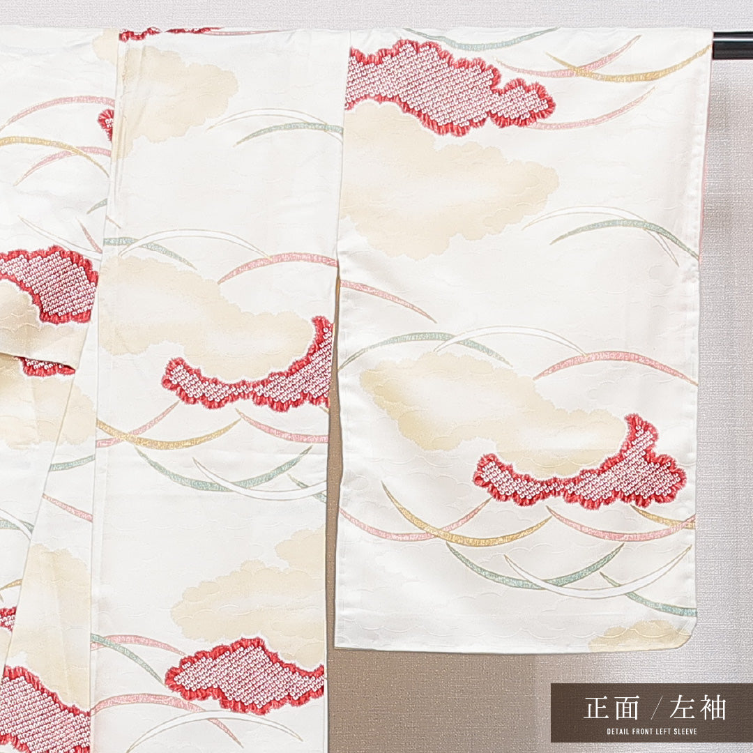 小紋 袷 身丈153cm 裄丈63cm 正絹 Aランク インフォーマル 広衿 Sサイズ 雲取り クリーム系 RP 1221-16244
