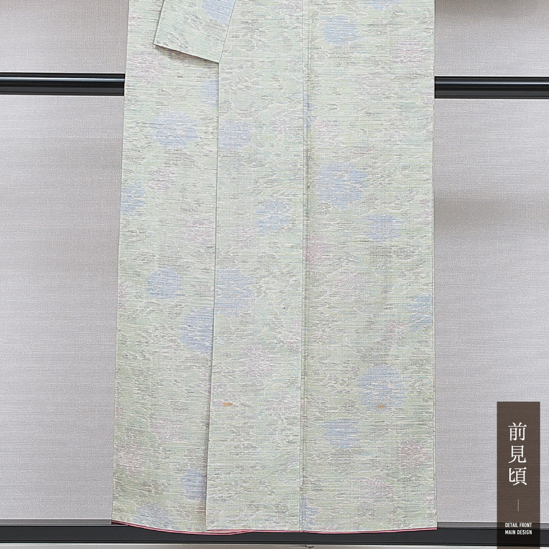 紬 袷 身丈151cm 裄丈63cm 正絹 Cランク カジュアル 広衿 Sサイズ 牡丹 緑系 HP 1223-16641