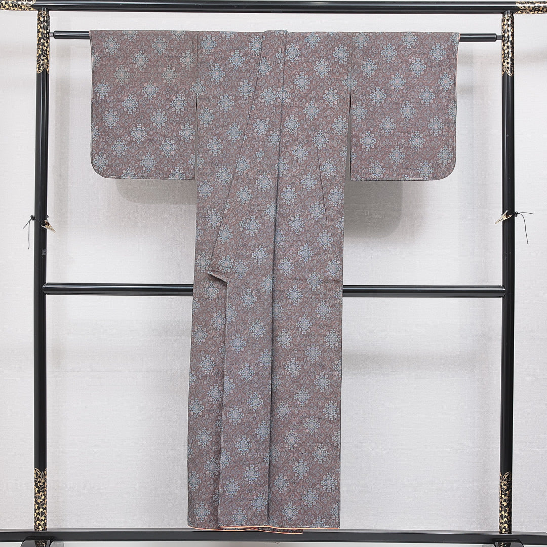 アンティーク 紬 袷 身丈150cm 裄丈61cm 正絹 Dランク バチ衿 Sサイズ アラベスク文様 茶系 RP 1223-16424