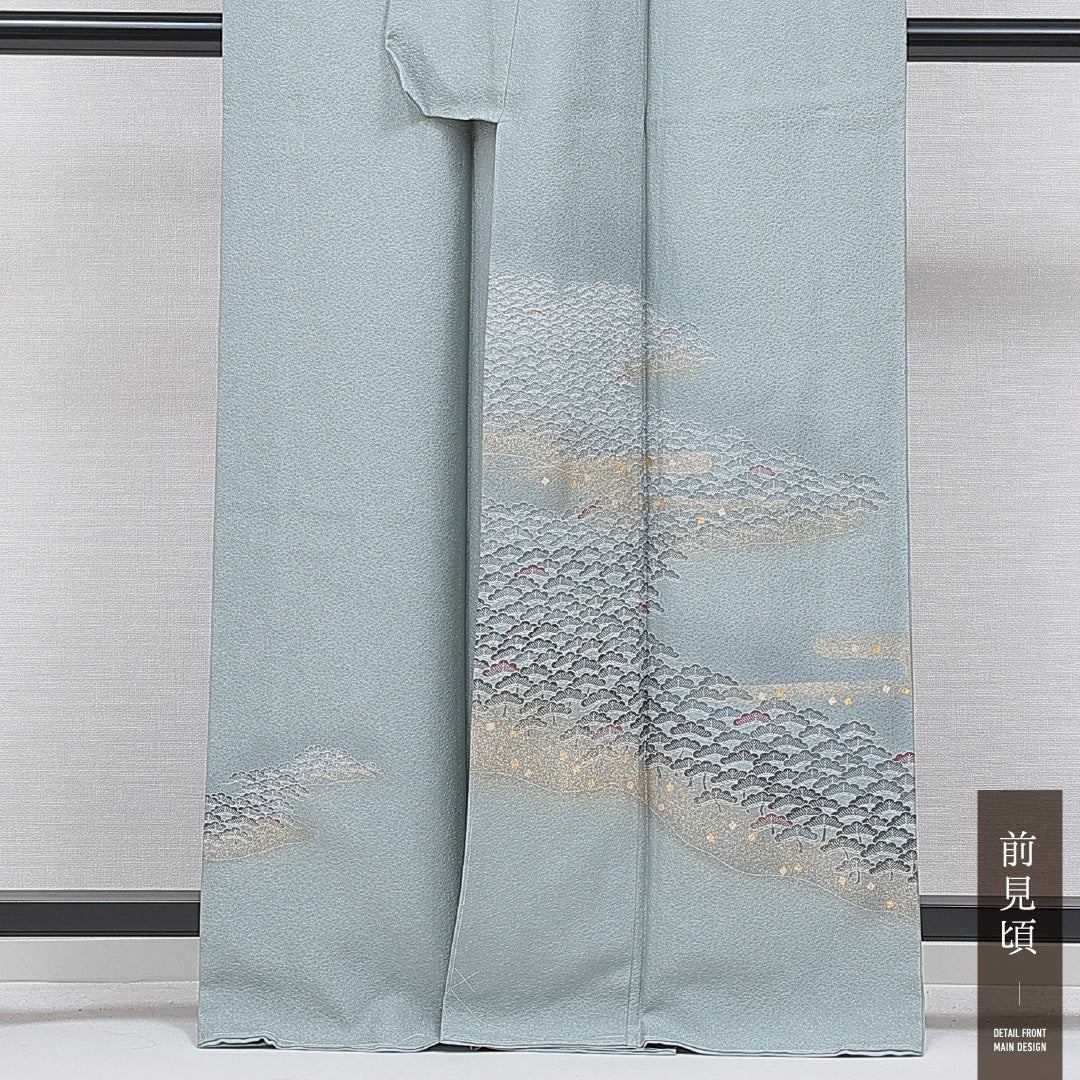 訪問着 袷 身丈164cm 裄丈66cm 正絹 Sランク Lサイズ 広衿 セミフォーマル 笠松 金彩 水色系 1212-16661