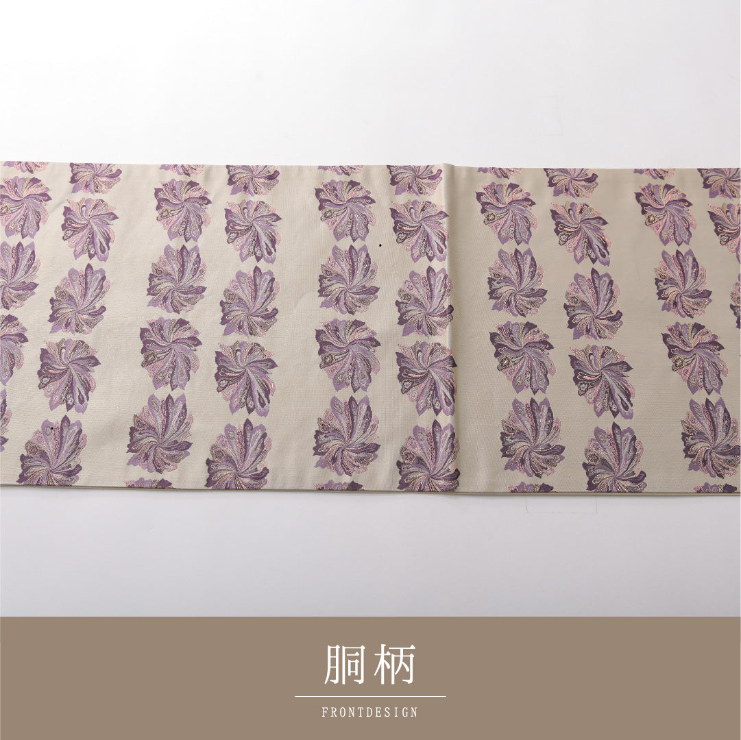 九寸名古屋帯 帯丈360cm カジュアル 開き仕立て 全通 Sランク 正絹 花柄 ベージュ系 1224-03823