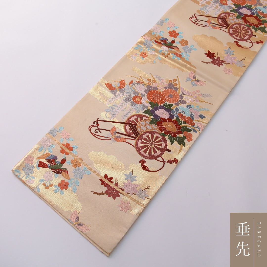 袋帯 帯丈432cm 正絹 六通 フォーマル 御所車 クリーム系 金系 1243-01938