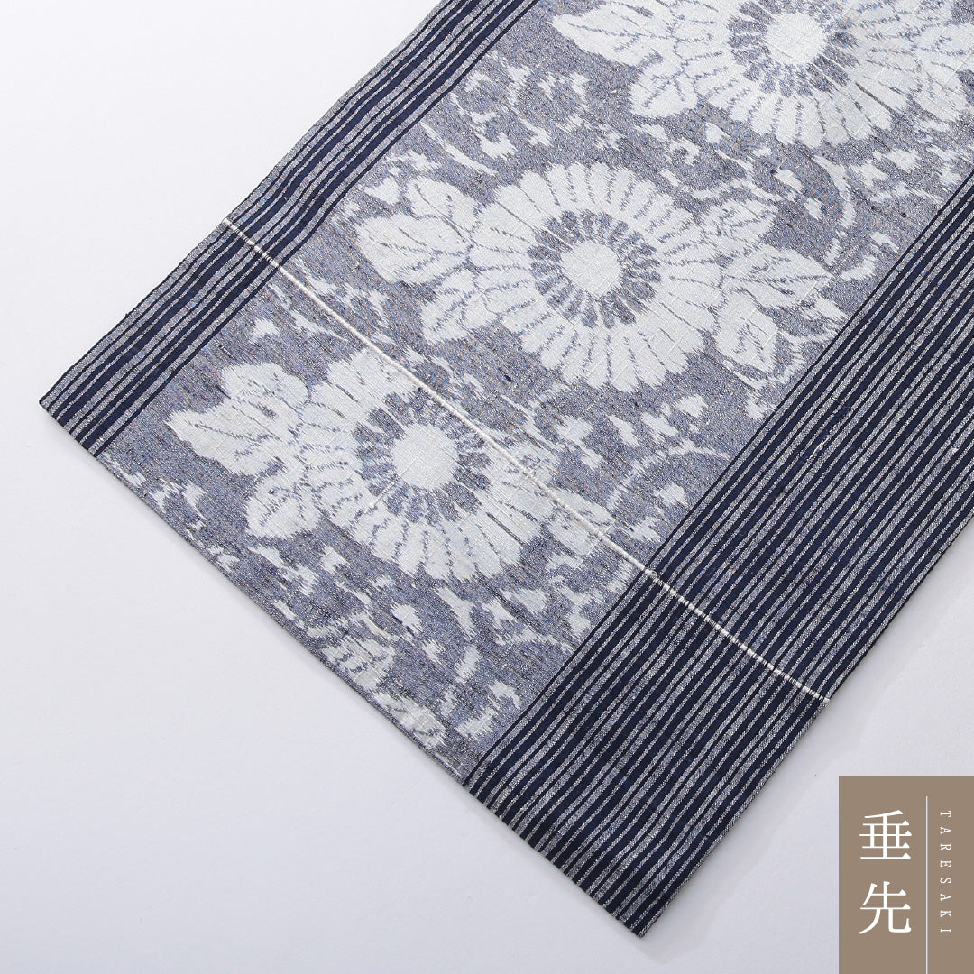 九寸名古屋帯(紬) 帯丈353cm カジュアル 名古屋仕立て 全通 Cランク 正絹 唐菊 縞 紺系 1224-03951