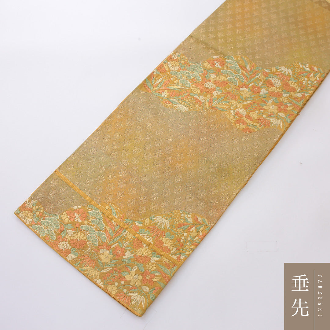 袋帯 帯丈420cm 正絹 六通 帯端のみ未仕立て フォーマル 道長取り 古典柄 黄系 金系 1243-02210