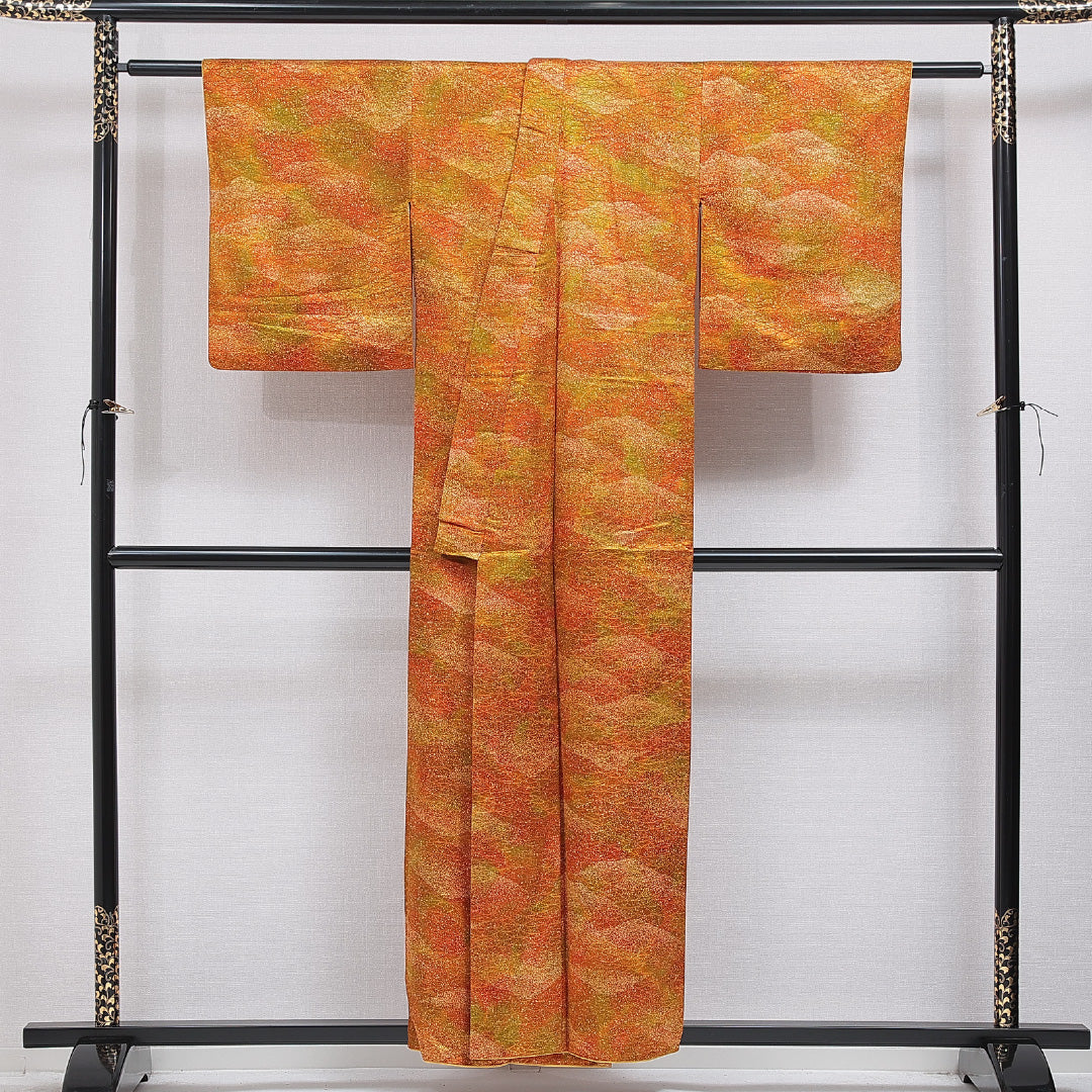 洗える着物 小紋 袷 身丈150cm 裄丈62cm ポリエステル Sランク インフォーマル バチ衿 Sサイズ 芝草 朱系 RP 1221-16221