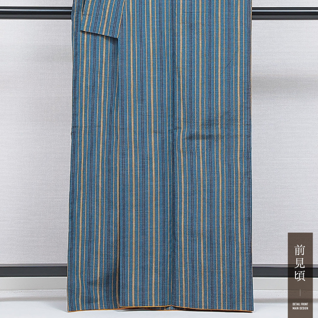 洗える着物 紬 袷 身丈164cm 裄丈65cm ポリエステル Sランク カジュアル 広衿 Lサイズ 縞 青系 RP 1223-16290