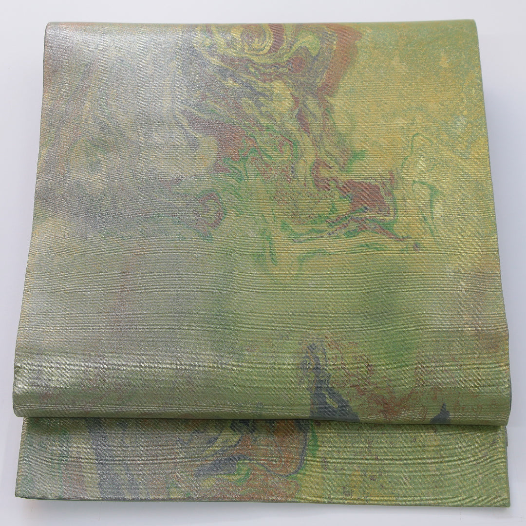 袋帯 帯丈448cm セミフォーマル 六通 帯芯なし Sランク 正絹 引箔 墨流し 緑系 金系 1223-02332