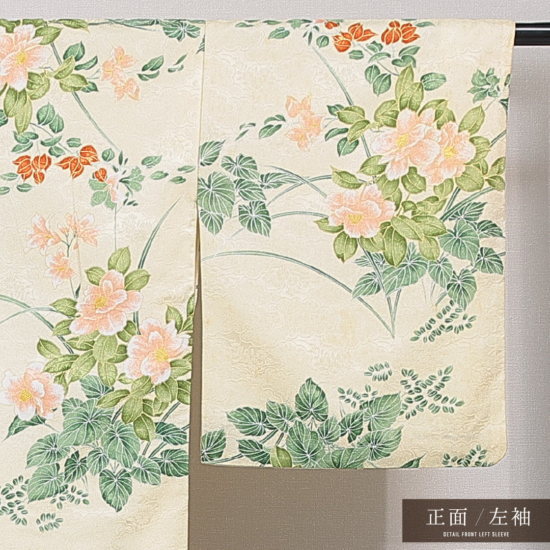 小紋 洗える着物 袷 身丈160cm 裄丈64cm ポリエステル Cランク Lサイズ バチ衿 インフォーマル 椿 クリーム系 1215-15839